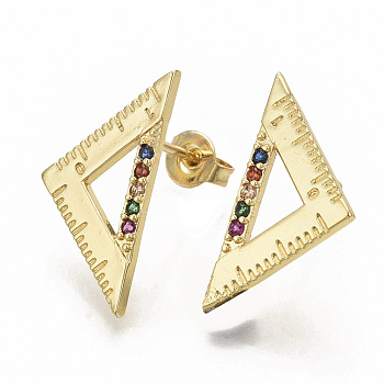 Brass Micro Pave Colorful Cubic Zirconia Stud Earrings, with Earring Backs, Triangle Ruler, Real 16K Gold Plated, 22x11.5mm, Pin: 0.7mm