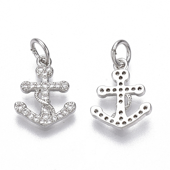 Brass Micro Pave Cubic Zirconia Charms, with Jump Ring, Nickel Free, Anchor, Clear, Real Platinum Plated, 14x11x2mm, Hole: 3mm