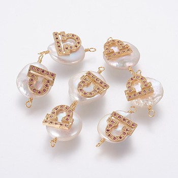 Natural Pearl Links connectors, with Brass Micro Pave Cubic Zirconia Findings, Flat Round with Constellation, Golden, Fuchsia, Libra, 20~26x9~17x5~11mm, Hole: 1.6mm