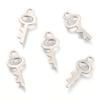 201 Stainless Steel Charms, Key, Stainless Steel Color, 13.7x6.5x0.6mm, Hole: 1.5mm