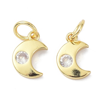 Brass Cubic Zirconia Charms, with Jump Ring, Long-Lasting Plated, Lead Free & Cadmium Free, Moon, Real 18K Gold Plated, 9.5x6.5x1.8mm