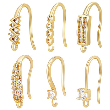 24Pcs 6 Style Rack Plating Brass Pave Cubic Zirconia Earring Hooks, Ear Wire with Loops, Lead Free & Cadmium Free, Real 18K Gold Plated, 15~17x1~4mm, Hole: 1~1.4mm, Pin: 0.7~1.1mm, 4Pcs/style