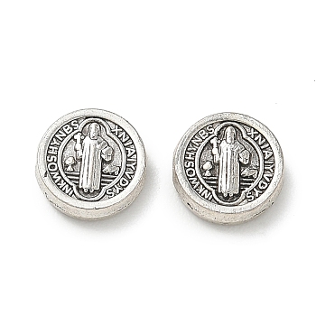 Religion Alloy Beads, Flat Round with Saint, Antique Silver, 9.5x3mm, Hole: 1.2mm, about 1000pcs/1000g