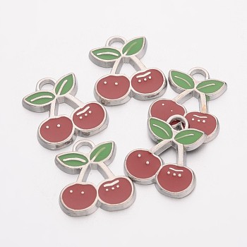 Alloy Enamel Pendants, Cherry, Lead Free and Cadmium Free, Red and LinmeGreen, Platinum, about 18mm long, 16.5mm wide, 2mm thick, hole: 3mm
