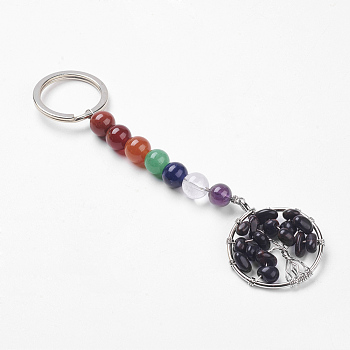 Gemstone and Natural Obsidian Chakra Keychain, with Alloy Key Rings and Brass Pendants, Ring with Tree of Life, Platinum, 123mm