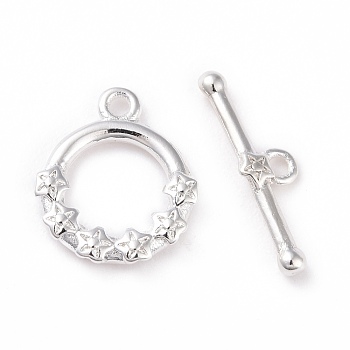Eco-friendly Brass Toggle Clasps, Cadmium Free & Lead Free, Long-Lasting Plated, Ring with Flower, 925 Sterling Silver Plated, Ring: 13x11x2mm, Bar: 4.5x16x1.5mm, Hole: 1.2mm