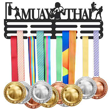 Fashion Iron Medal Hanger Holder Display Wall Rack, with Screws, Word Muay Thai, Sports Themed Pattern, 150x400mm