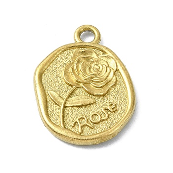 Ion Plating(IP) 304 Stainless Steel Pendants, Flat Round with Rose Charm, Real 18K Gold Plated, 18.5x14x2mm, Hole: 2mm