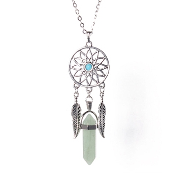 Platinum Aolly Web with Feather Shape Alloy Pendant Necklace, Natural Green Aventurine Bullet Necklace, 17.72 inch(45cm)
