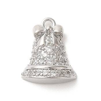 Brass Micro Pave Cubic Zirconia Charms, Christmas Bell, Platinum, 12.5x10x4mm, Hole: 0.8mm