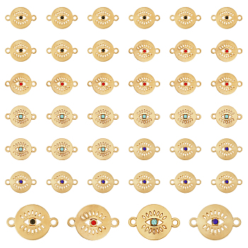 40Pcs 4 Colors Alloy Connector Charms, with Rhinestones, Flat Round Links with Eye, Golden, Mixed Color, 13x19x3mm, Hole: 1.4mm, 10pcs/color