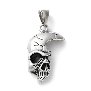 304 Stainless Steel Pendants, Skull Charm, Antique Silver, 38x24x8mm, Hole: 9x5mm