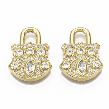 Brass Micro Pave Cubic Zirconia Pendants, Nickel Free, Lock, Real 16K Gold Plated, Clear, 23.5x17.5x3mm, Hole: 4x5mm