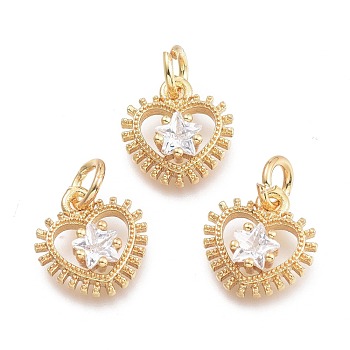 Brass Micro Pave Cubic Zirconia Pendants, with Jump Ring, Heart with Star, Clear, Real 18K Gold Plated, 11x10.3x3.2mm, Jump Rings: 5x0.7mm, Inner Diameter: 3.3mm