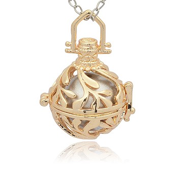 Golden Tone Brass Hollow Round Cage Pendants, with No Hole Spray Painted Brass Round Ball Beads, Silver, 36x25x21mm, Hole: 3x8mm