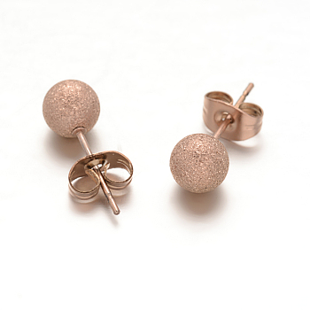 Textured 304 Stainless Steel Ball Stud Earrings, Hypoallergenic Earrings, Rose Gold, 6mm, Pin: 0.8mm
