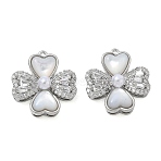Brass Micro Pave Clear Cubic Zirconia Pendants, with Shell & ABS Plastic Imitation Pearl, Clover Charms, Real Platinum Plated, 15.5x14x5mm, Hole: 0.9mm(KK-CBA61F8-07P)