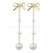 Brass Bowknot Dangle Stud Earrings, Shell Pearl Beaded Long Drop Earrings, Golden, 52x14.5mm(EJEW-TA00394)