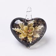 Handmade Lampwork Pendants, Inner Flower, Heart, Yellow, 38x33x16mm, Hole: 6x6mm(LAMP-F009-09F)