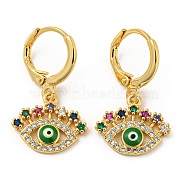 Evil Eye Real 18K Gold Plated Brass Dangle Leverback Earrings, with Enamel and Cubic Zirconia, Green, 25.5x15mm(EJEW-A033-06G-03)