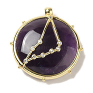 Constellation Natural Amethyst Pendants, Brass Flat Round Charms, Golden, Capricorn, 32x30x9mm, Hole: 2mm(G-A300-E12)