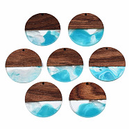 Transparent Resin & Walnut Wood Pendants, Two Tone, Flat Round, Dark Turquoise, 38.5x3mm, Hole: 2mm(X-RESI-T035-35B)