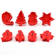 Christmas Themed Plastic Plastic Cookie Cutters, with Iron Press Handle, Tree & Snowflake & Snowman & Santa Claus, Red, 58~70x40mm, 4pcs/set(BAKE-PW0007-023)