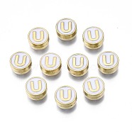 Alloy Enamel Beads, Cadmium Free & Lead Free, Light Gold, Flat Round with Alphabet, White, Letter.U, 8x4mm, Hole: 1.5mm(ENAM-N052-006-01U-RS)