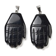 Natural Obsidian Carved Pendants, Hand Charms with Platinum Platinum Tone Metal Snap on Bails, 44x23x5mm, Hole: 7x4mm(G-K369-01P-07)