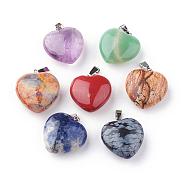 Natural Gemstone Pendants, with Platinum Tone Alloy Findings, Heart, 22~23x20~21x9~10mm, Hole: 2.5x5.5mm(G-S219-16)