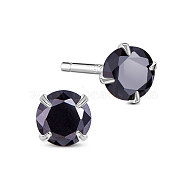 SHEGRACE Rhodium Plated 925 Sterling Silver Four Pronged Ear Studs, with AAA Cubic Zirconia and Ear Nuts, Black, 7mm(JE420F-03)