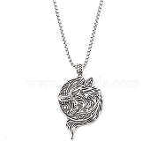 Zinc Alloy Pendant Necklaces, 201 Stainless Steel Chains Necklaces, Wolf, 23.43 inch(59.5cm), Flat Round: 50x30.5mm.(NJEW-M211-08A-ASP)