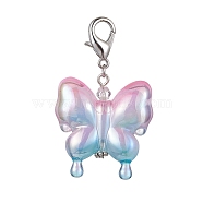 Acrylic Butterfly Pendant Decorations, with Zinc Alloy Lobster Claw Clasps, Pearl Pink, 58mm(HJEW-JM01594-03)