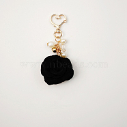 Satin Rose Pendant Decorations, with Heart Lobster Claw Clasps, Black, 105mm(KEYC-PW0009-07B)