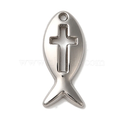 Non-Tarnish 304 Stainless Steel Pendants, Jesus Fish with Cross Charm, Stainless Steel Color, 20x8.5x2mm, Hole: 1.5mm(STAS-M017-02P)