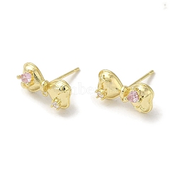 Left and Right Rack Plating Brass Micro Pave Cubic Zirconia Studs Earrings Findings, Bowknot, Real 14K Gold Plated, 16x8mm, Hole: 1mm, Pin: 11x0.7mm(KK-K371-10G)