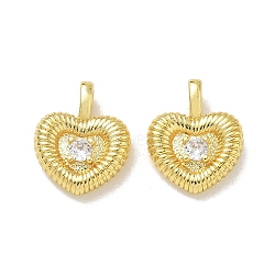 Brass Micro Pave Clear Cubic Zirconia Pendants, Ribbed Heart Charms, Rack Plating, Long-Lasting Plated, Cadmium Free & Lead Free, Golden, 15.5x12.5x4mm, Hole: 1.7x3.3mm(CU-CBA6E4E-19G-A)