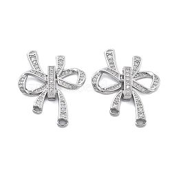 Brass Micro Pave Clear Cubic Zirconia Fold Over Clasps, Bowknot, Platinum, 27x25x5mm, Hole: 1mm and 2x1.5mm(KK-B125-02P)