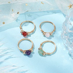 4Pcs Round Natural Rose Quartz & Green Aventurine & Carnelian & Amethyst & Synthetic Turquoise Finger Rings, Copper Wire Wrapped Ring for Women, Golden, 6.5mm, US Size 8 1/2(18.5mm)(GG-CJD138-G)
