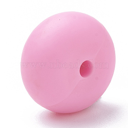 Food Grade Eco-Friendly Silicone Beads, Chewing Beads For Teethers, DIY Nursing Necklaces Making, Flat Round, Hot Pink, 14x8mm, Hole: 3mm(X-SIL-Q001B-16)