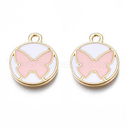 Alloy Enamel Pendants, Cadmium Free & Lead Free, Light Gold, Flat Round with Butterfly, Pink, 16x13.5x1.5mm, Hole: 1.8mm(PALLOY-S133-008C)