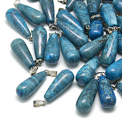 Dyed Natural Blue Agate Pendants, with Stainless Steel Snap On Bails, teardrop, 28~30x10~12mm, Hole: 6x4mm(G-T081-23)