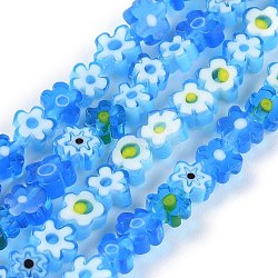 Handmade Millefiori Glass Bead Strands, Flower, Blue, 4~7.2x2.6mm, Hole: 1mm, about 60~69pcs/Strand, 16 inch(40cm)(X-LAMP-J035-6mm-09)