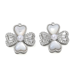 Brass Micro Pave Clear Cubic Zirconia Pendants, with Shell & ABS Plastic Imitation Pearl, Clover Charms, Real Platinum Plated, 15.5x14x5mm, Hole: 0.9mm(KK-CBA61F8-07P)