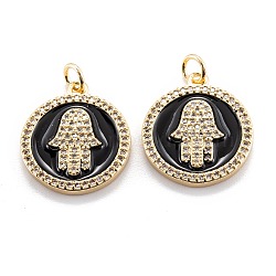 Real 18K Gold Plated Brass Micro Pave Clear Cubic Zirconia Pendants, with Enamel and Jump Ring, Long-Lasting Plated, Flat Round with Hamsa Hand, Black, 19.5x17x2.5mm, Jump Ring: 5x0.8mm, 3.4mm inner diameter(ZIRC-M114-50G-07)