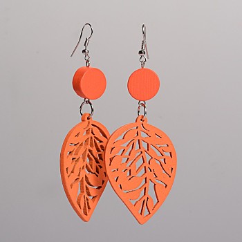 Trendy Leaf Wood Dangle Earrings, with Platinum Plated Iron Earring Hooks, Dark Orange, 90x34mm, Pin: 0.8mm