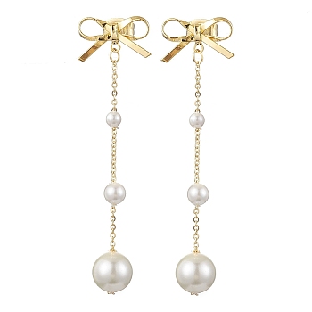 Brass Bowknot Dangle Stud Earrings, Shell Pearl Beaded Long Drop Earrings, Golden, 52x14.5mm