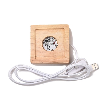 Square Solid Wood Base for Crystal Stones, Rainbow Color Wooden Small Night Light, LED Luminous Base, Creative Gift, with USB Charger, BurlyWood, 80x80x21mm