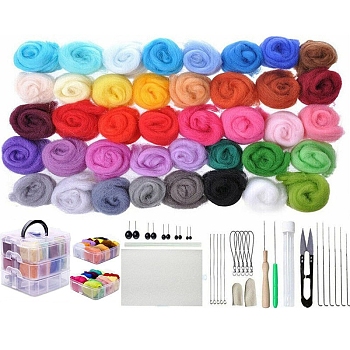 DIY Needle Felting Kits for Beginners Arts, including 40 Colors Wool Roving, Punch Needles, Foam Pad, Finger Guard, Scissors, Keychain Chain and Craft Eyes, Mixed Color, 165x165x13mm