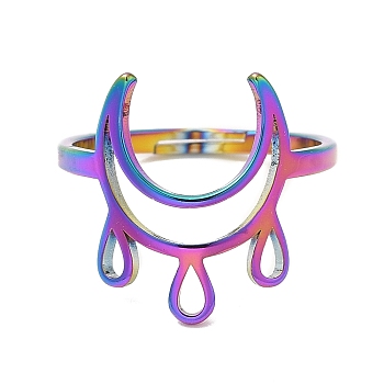 Ion Plating(IP) 304 Stainless Steel Crescent Moon Adjustable Ring for Women, Rainbow Color, US Size 6(16.5mm)